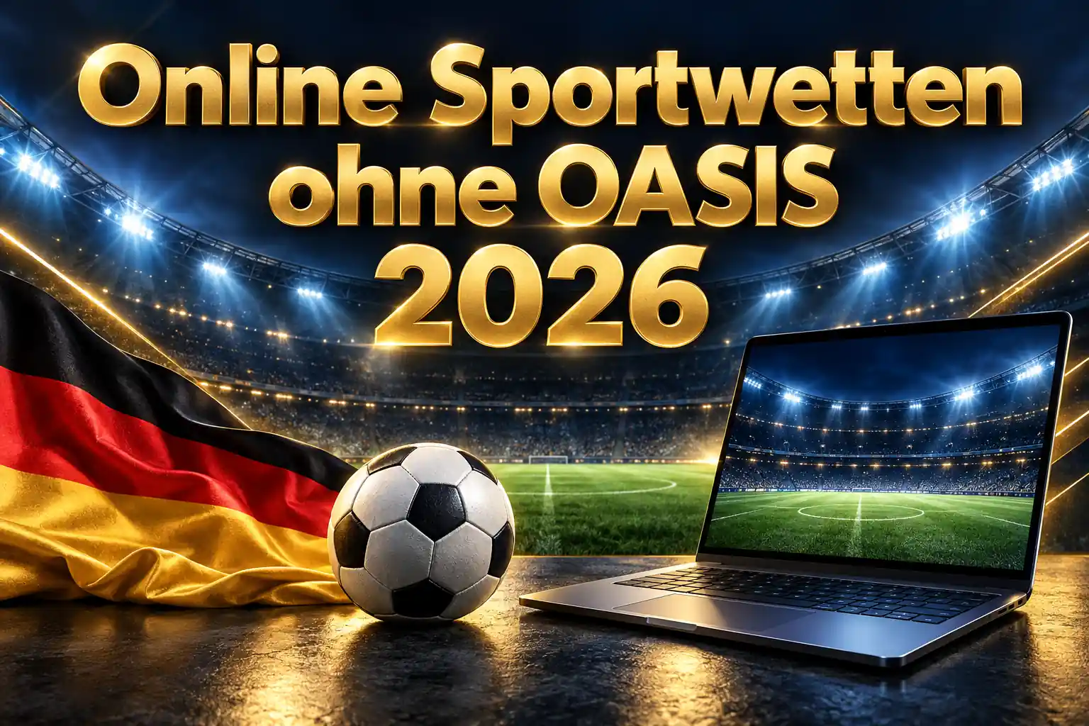 Online Sportwetten ohne OASIS 2026 – goldener Schriftzug mit Laptop, Fußball und deutscher Flagge vor einem blau beleuchteten Stadion